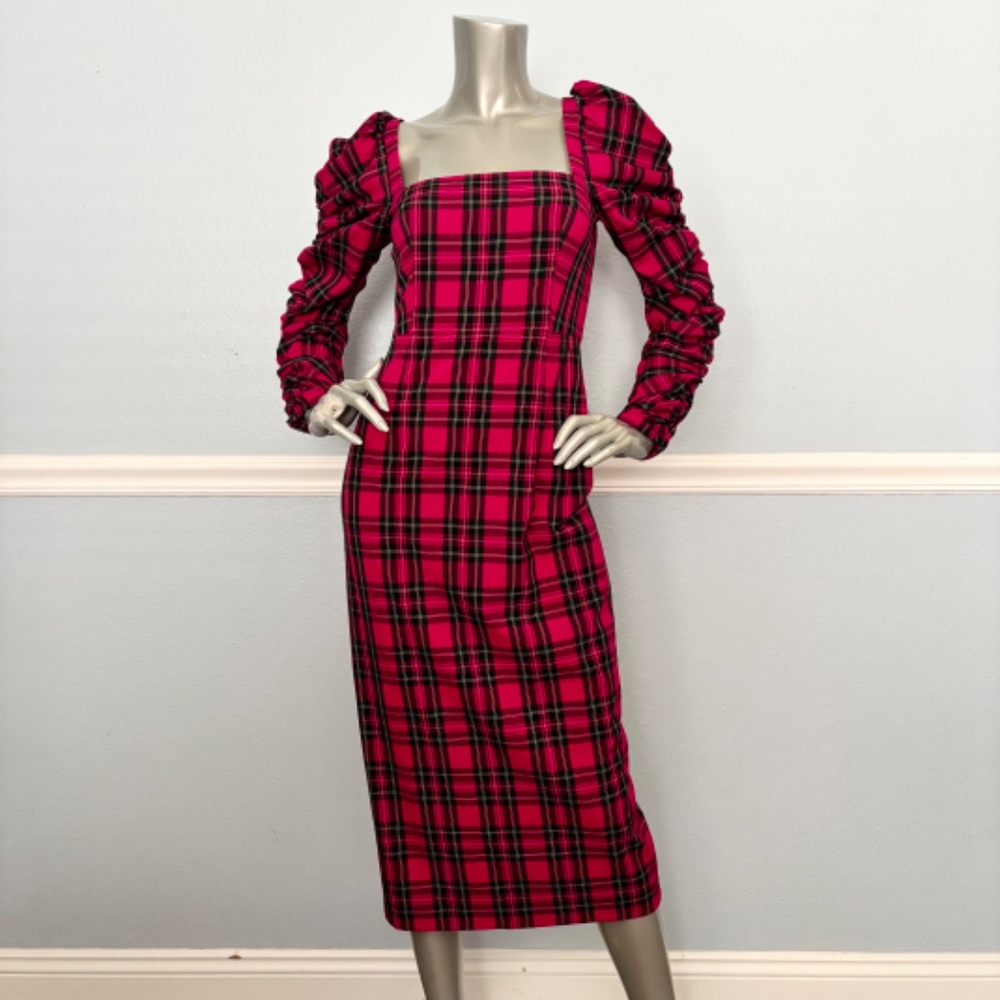 Antonio Melani Eleną Plaid Red Tartan Midi Ruched Long Sleeve Dress Nwt